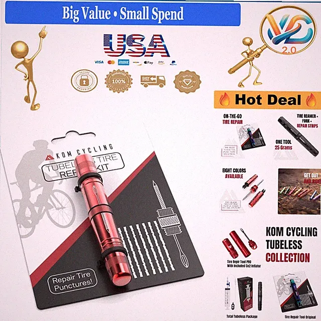 KOM Tubeless Bike Tire Repair Kit 8 Colors Aluminum Includes Tools & Bacon St...