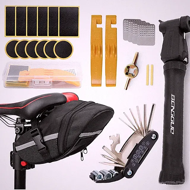 Portable Bike Repair Tool Kit Saddle Bag Pump Tire Patch Multi Tool Set MTB